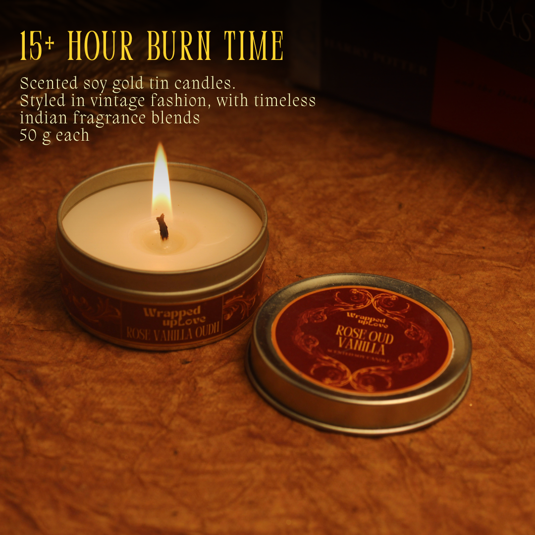 Rose Vanilla Oud Scented Soy Tin Candle – Vintage Indian Collection | 50 g