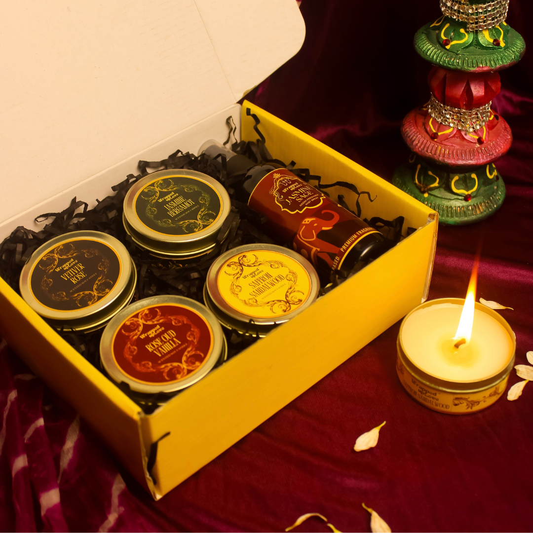 Vintage Indian Home Fragrance Gift Box | 4 Scented Soy Tin Candles & Jasmine Sage Room Mist