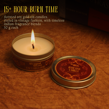 Rose Vanilla Oud Scented Soy Tin Candle – Vintage Indian Collection | 50 g