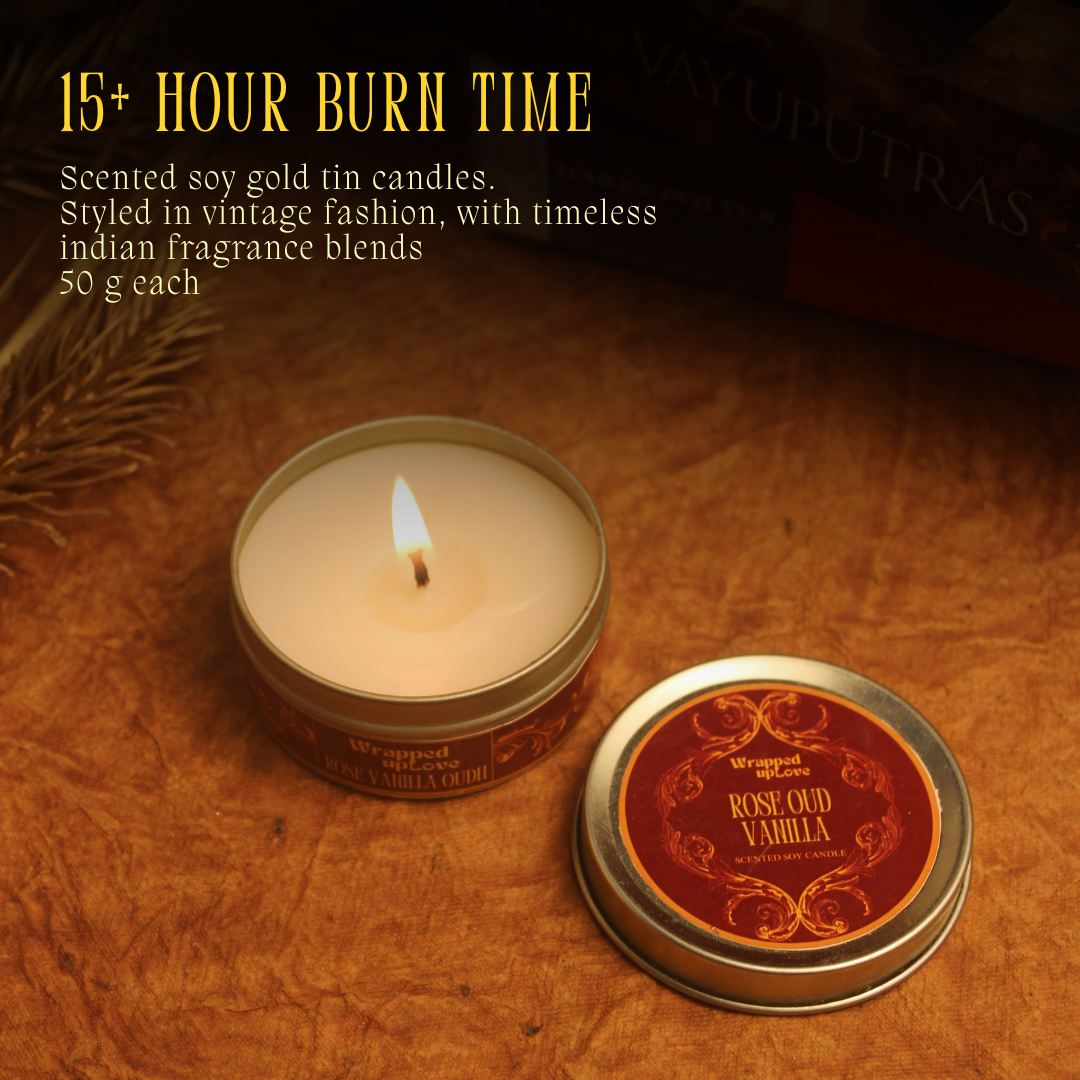 Rose Vanilla Oud Scented Soy Tin Candle – Vintage Indian Collection | 50 g