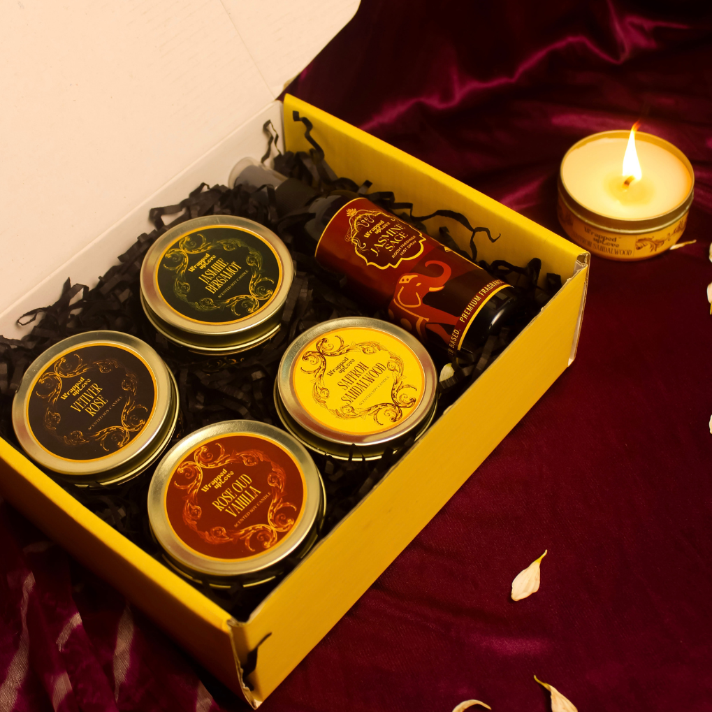 Vintage Indian Home Fragrance Gift Box | 4 Scented Soy Tin Candles & Jasmine Sage Room Mist