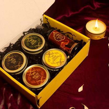 Vintage Indian Home Fragrance Gift Box | 4 Scented Soy Tin Candles & Jasmine Sage Room Mist
