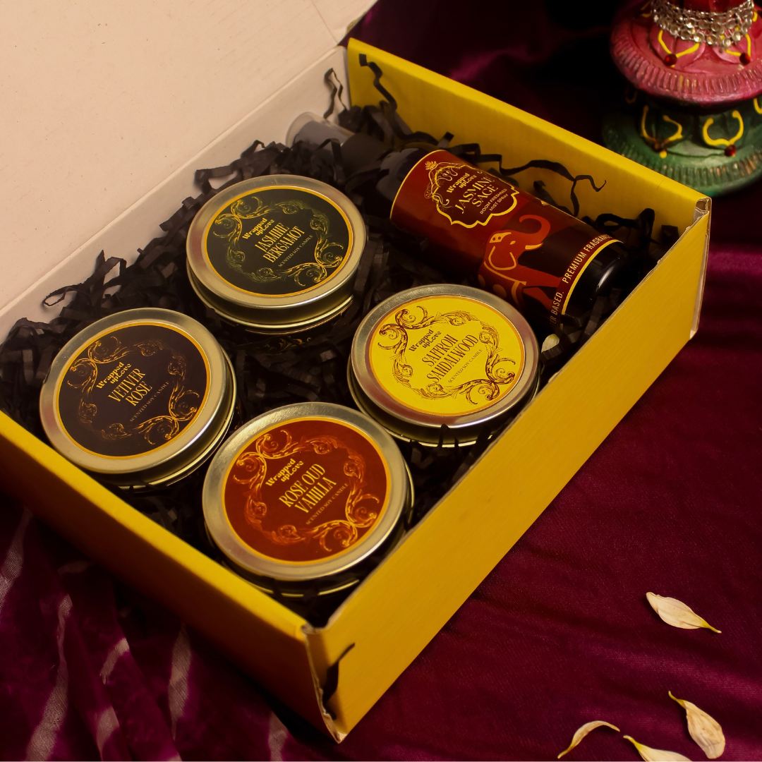 Vintage Indian Home Fragrance Gift Box | 4 Scented Soy Tin Candles & Jasmine Sage Room Mist