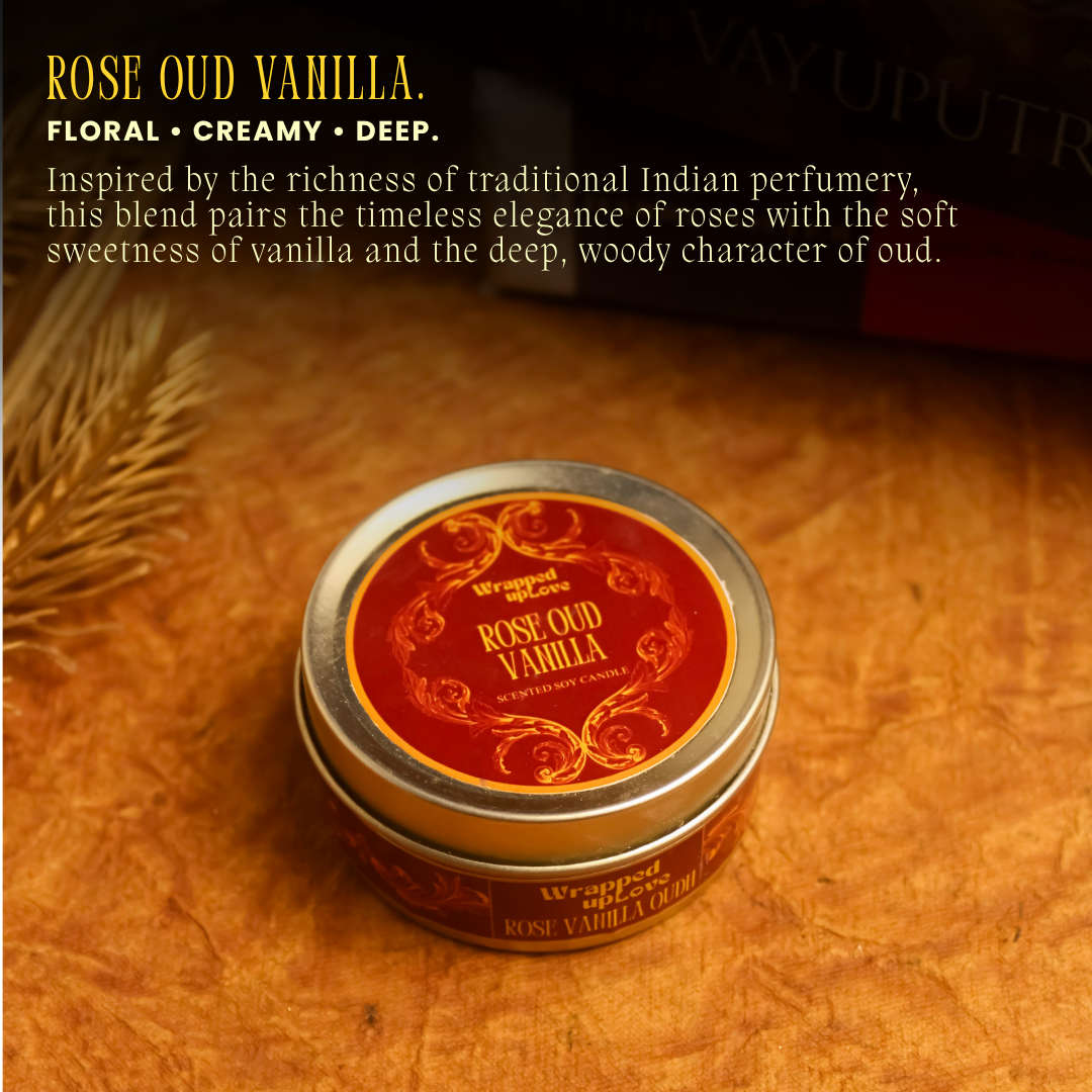 Rose Vanilla Oud Scented Soy Tin Candle – Vintage Indian Collection | 50 g