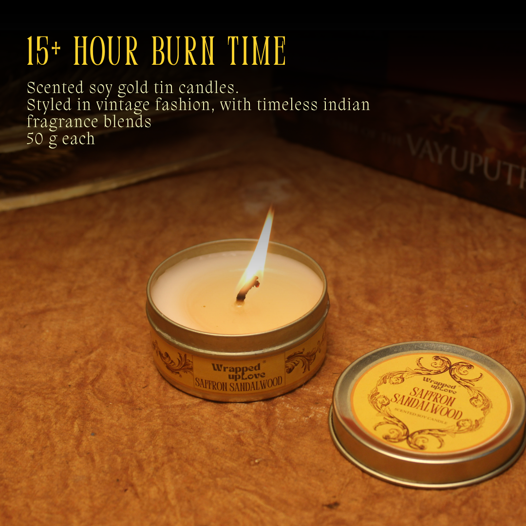 Saffron Sandalwood Scented Soy Tin Candle – Vintage Indian Collection | 50 g