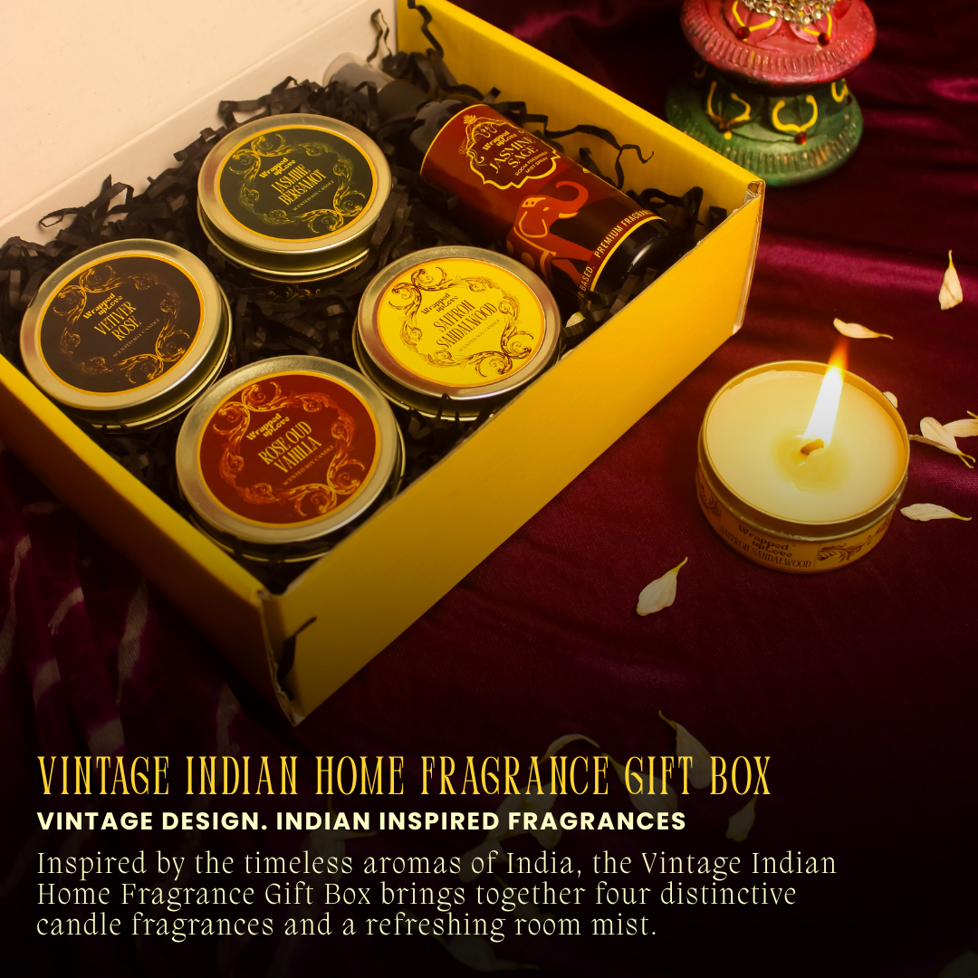Vintage Indian Home Fragrance Gift Box | 4 Scented Soy Tin Candles & Jasmine Sage Room Mist