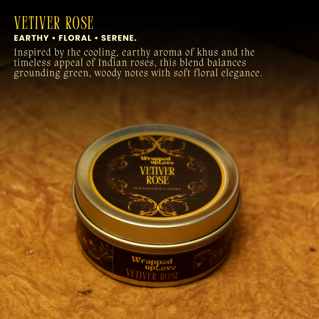 Vetiver Rose Scented Soy Tin Candle – Vintage Indian Collection | 50 g
