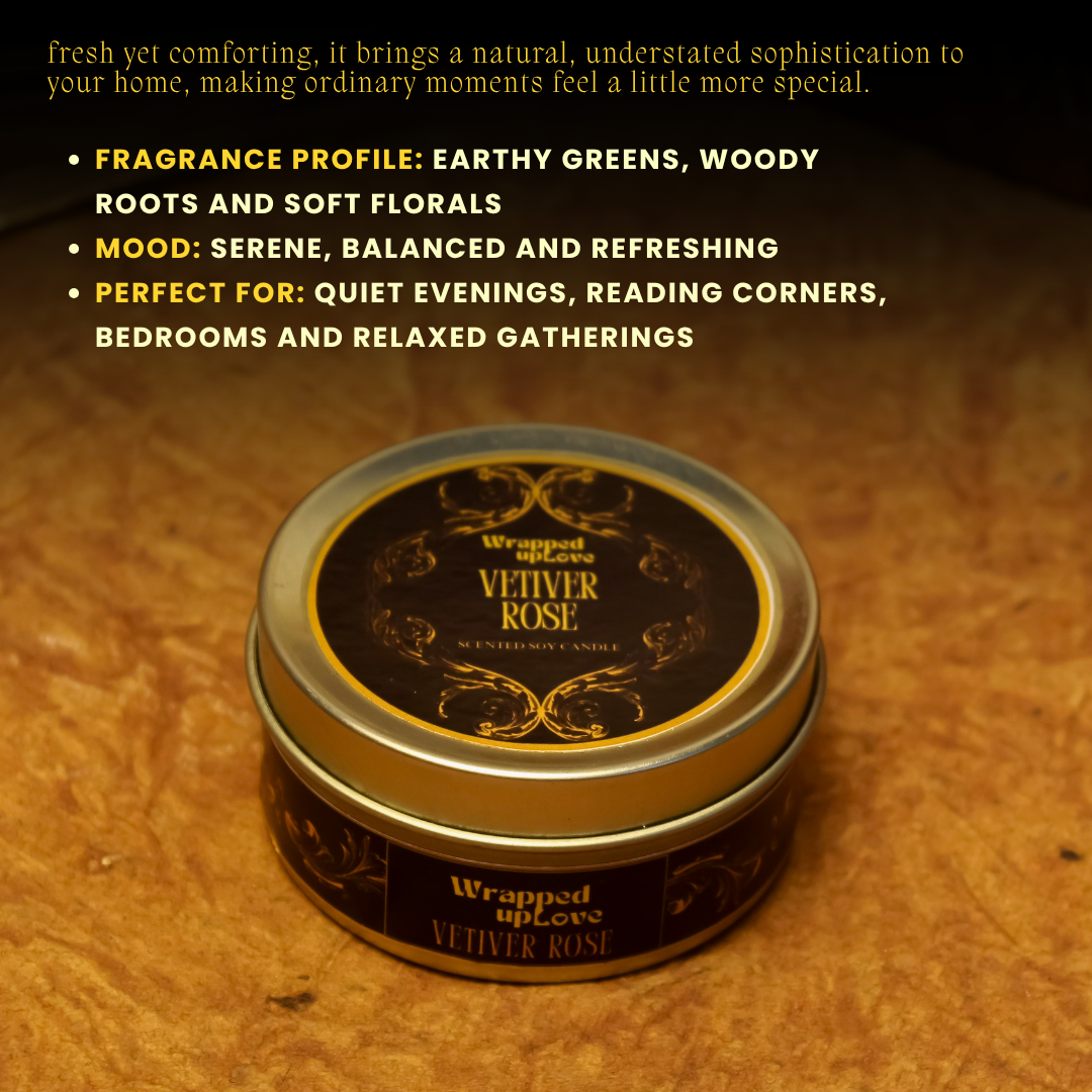 Vetiver Rose Scented Soy Tin Candle – Vintage Indian Collection | 50 g