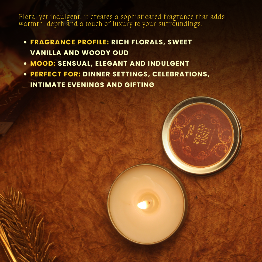 Rose Vanilla Oud Scented Soy Tin Candle – Vintage Indian Collection | 50 g