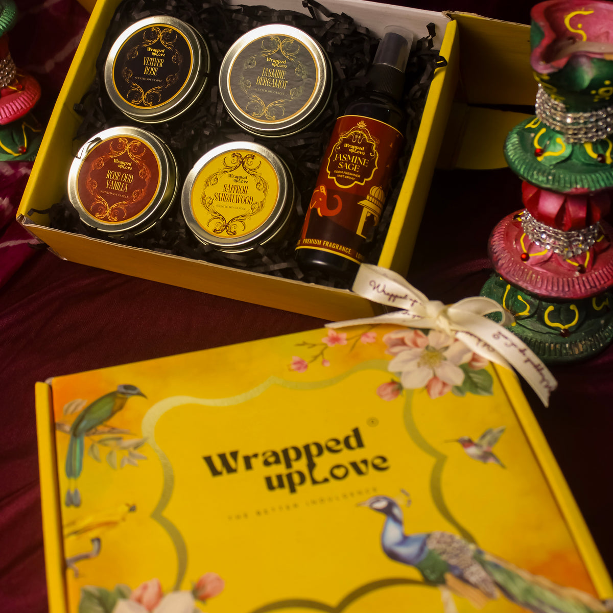 Vintage Indian Home Fragrance Gift Box | 4 Scented Soy Tin Candles & Jasmine Sage Room Mist